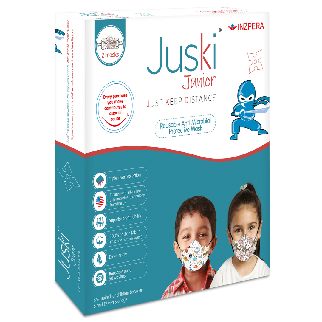 Juski Junior Washable And Reusable Face Mask For Kids With Adjustable Ear Loop And Cat Print - 2 Pcs - Inzpera Healthsciences