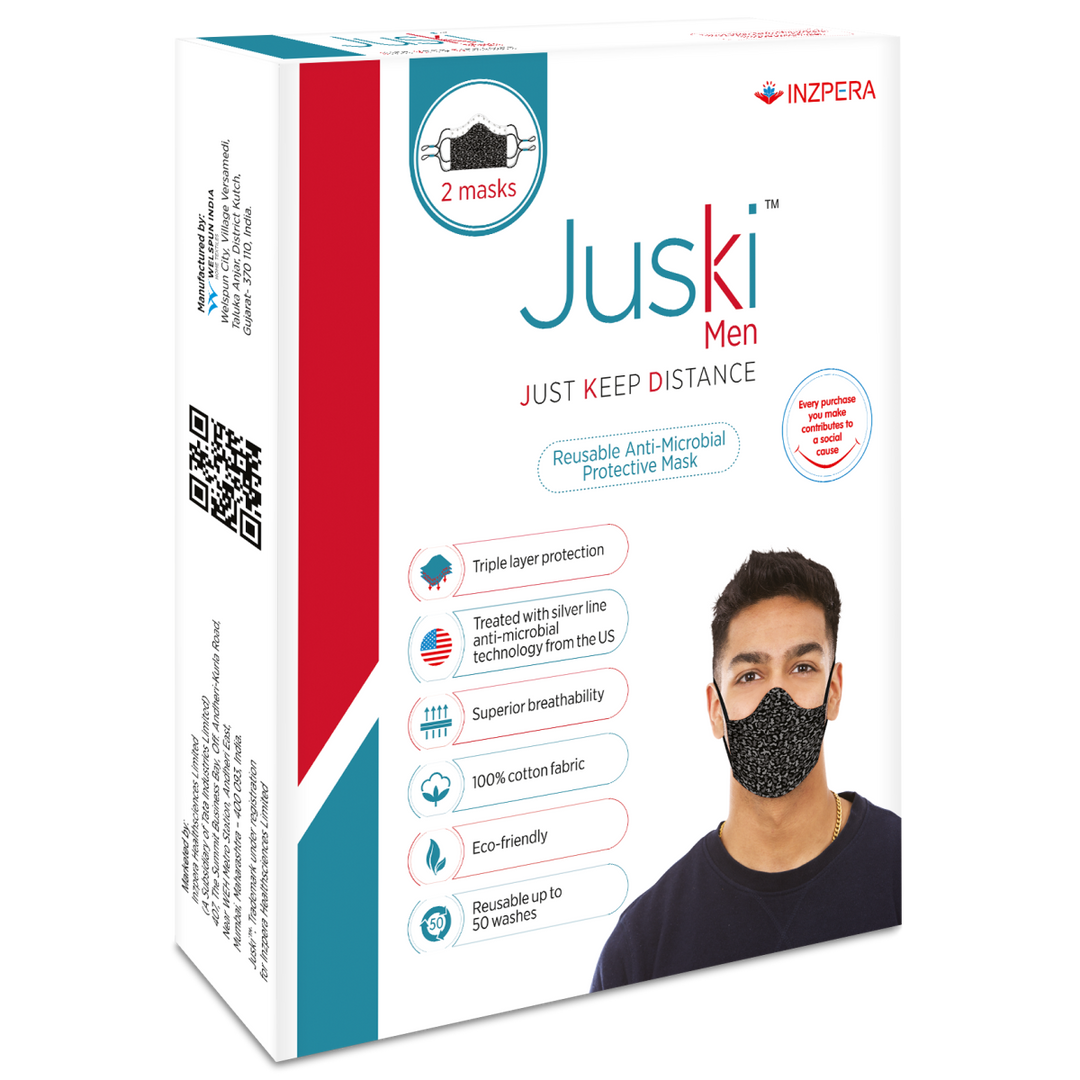 Juski Washable and Reusable Face Mask for Men with Adjustable Ear Loop - 2 Pcs - Inzpera Healthsciences