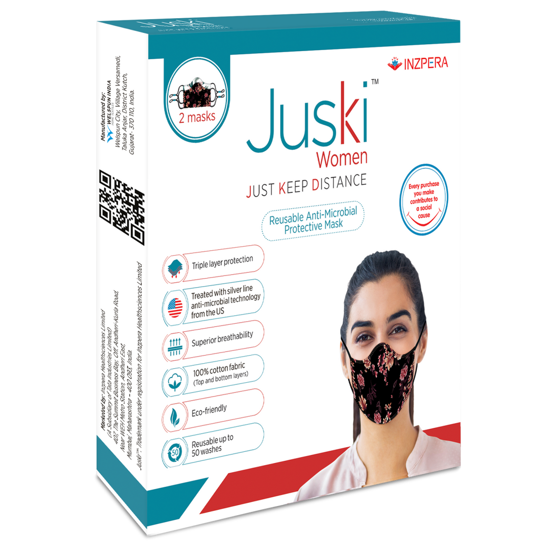 Juski Washable And Reusable Face Mask For Women With Adjustable Ear Loop And Floral Print - 2 Pcs - Inzpera Healthsciences