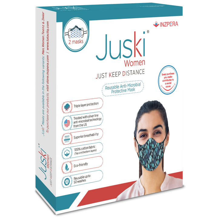 Juski Washable and Reusable Face Mask for Women with Adjustable Ear Loop and White Print - 2 Pcs - Inzpera Healthsciences